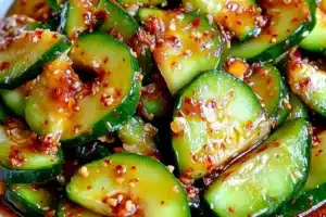 KOREAN CUCUMBER SALAD centered hero view, clean and uncluttered