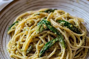 LEMON ASPARAGUS PASTA EASY SPRING DINNER centered hero view, clean and uncluttered