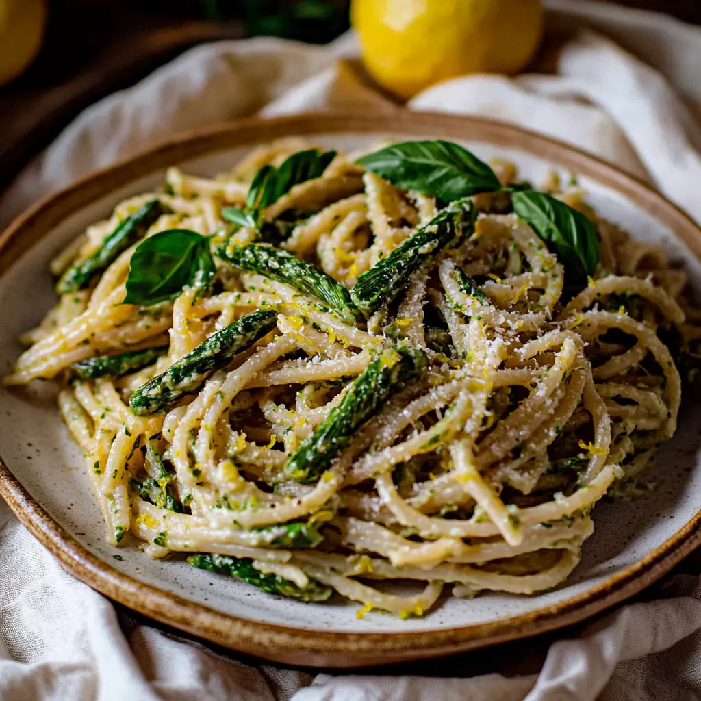 Lemon asparagus pasta in a white bowl, bright and fresh spring dinner