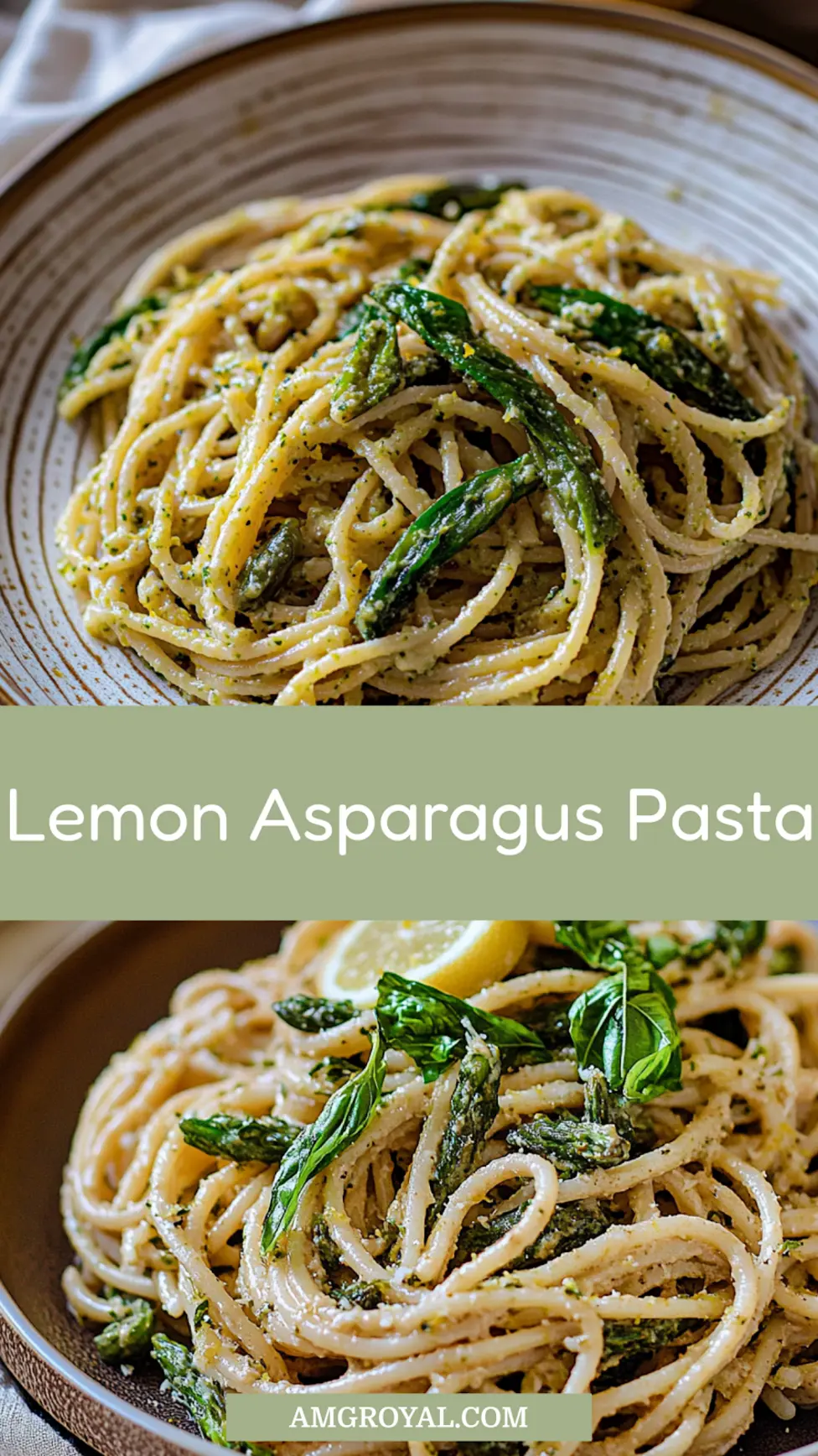 Lemon asparagus pasta recipe pin image, bright and fresh spring dinner