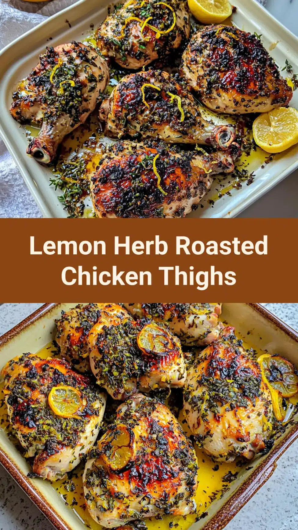 Lemon Herb Roasted Chicken Thighs Spring Fresh Easy Comfort 7 Pin-worthy image of lemon herb roasted chicken thighs with golden crispy skin and fresh herbs