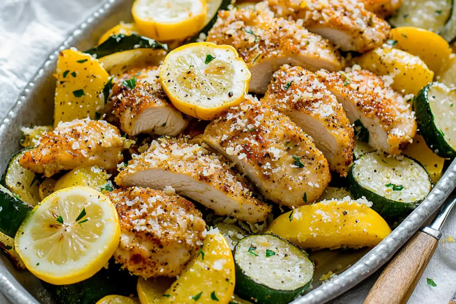 LEMON PARMESAN CHICKEN ZUCCHINI AND SQUASH centered hero view, clean and uncluttered
