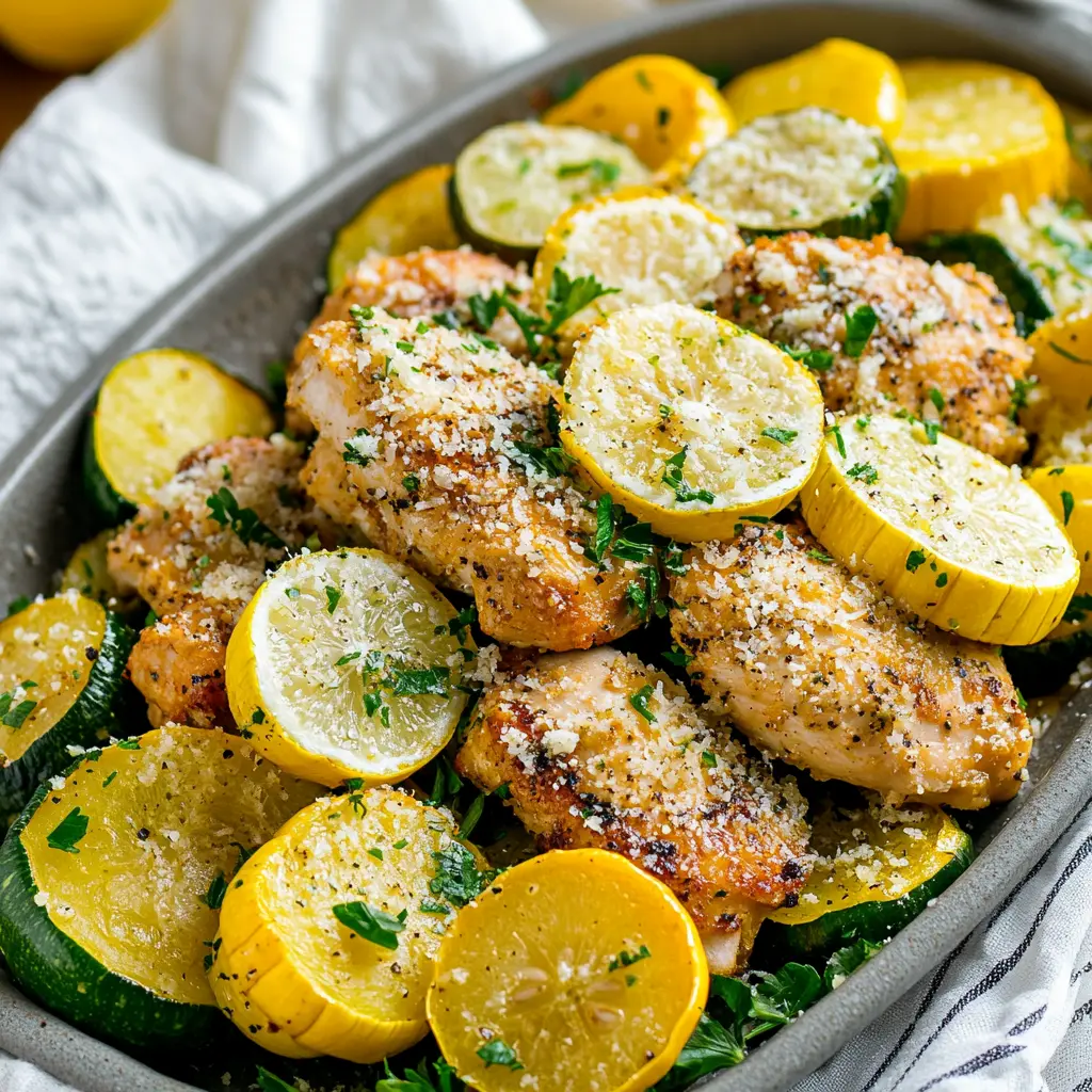 Lemon Parmesan Chicken Zucchini and Squash Easy Weeknight Meal 6 LEMON PARMESAN CHICKEN ZUCCHINI AND SQUASH centered hero view, clean and uncluttered