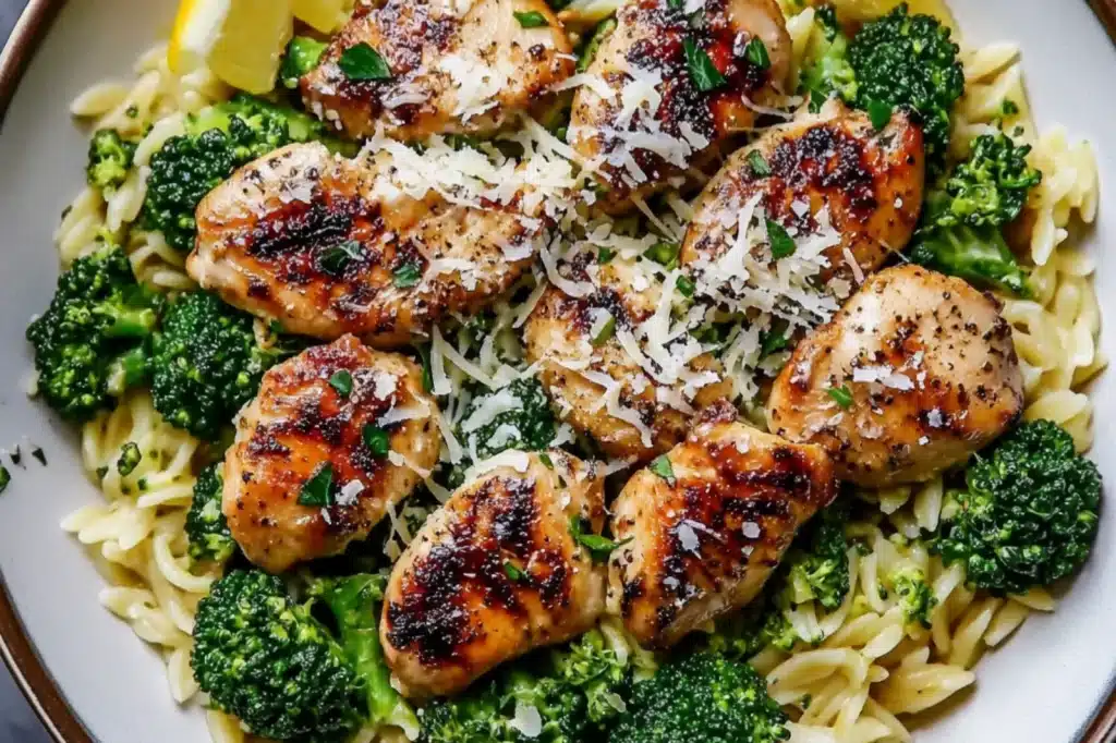 LEMON PEPPER CHICKEN BROCCOLI ORZO centered hero view, clean and uncluttered