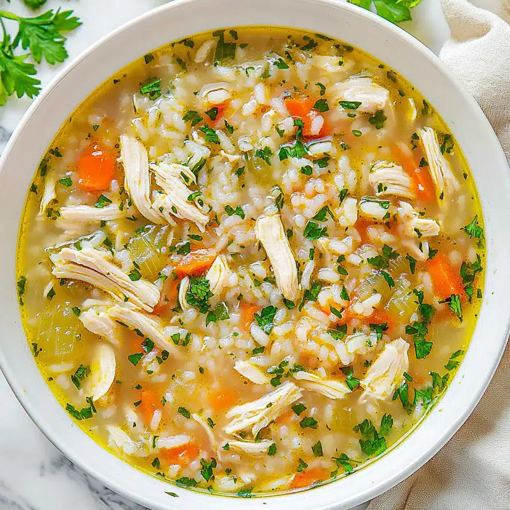 Light chicken rice soup in a bowl, centered hero view, clean and uncluttered