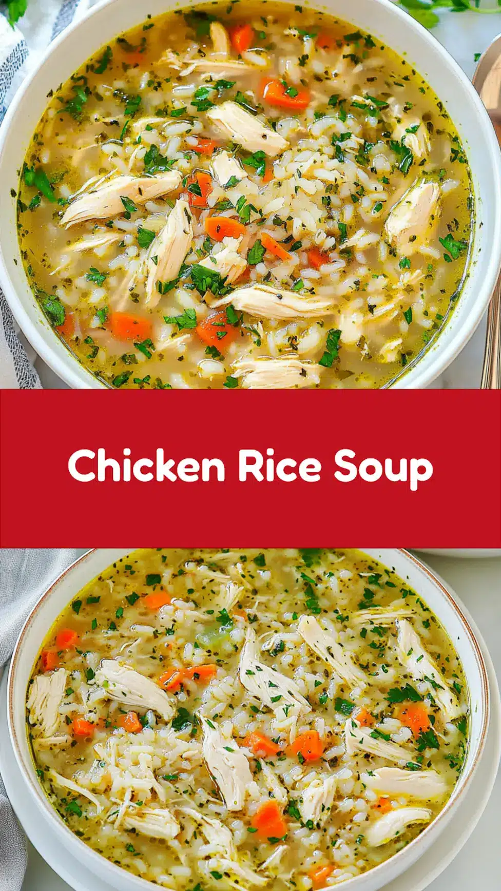 Light chicken rice soup in a bowl, centered hero view for Pinterest