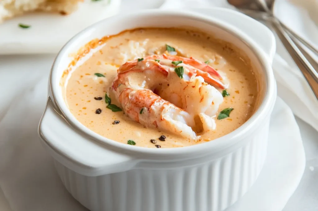 LOBSTER BISQUE RECIPE centered hero view, clean and uncluttered