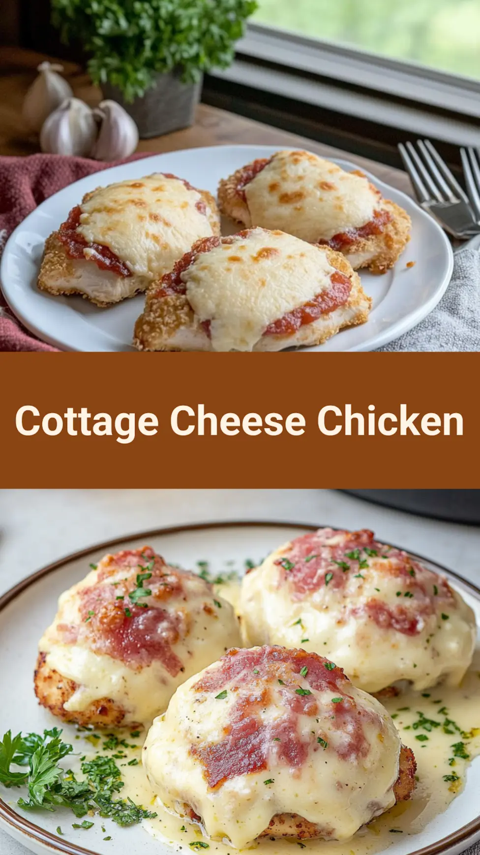 Low carb keto cottage cheese chicken centered hero view, clean and uncluttered pin
