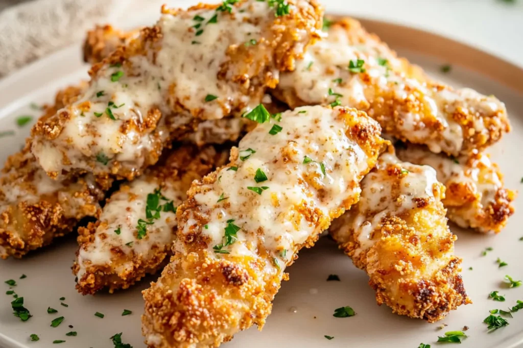 LOW CARB PARMESAN CHICKEN TENDERS AIR FRYER centered hero view, clean and uncluttered