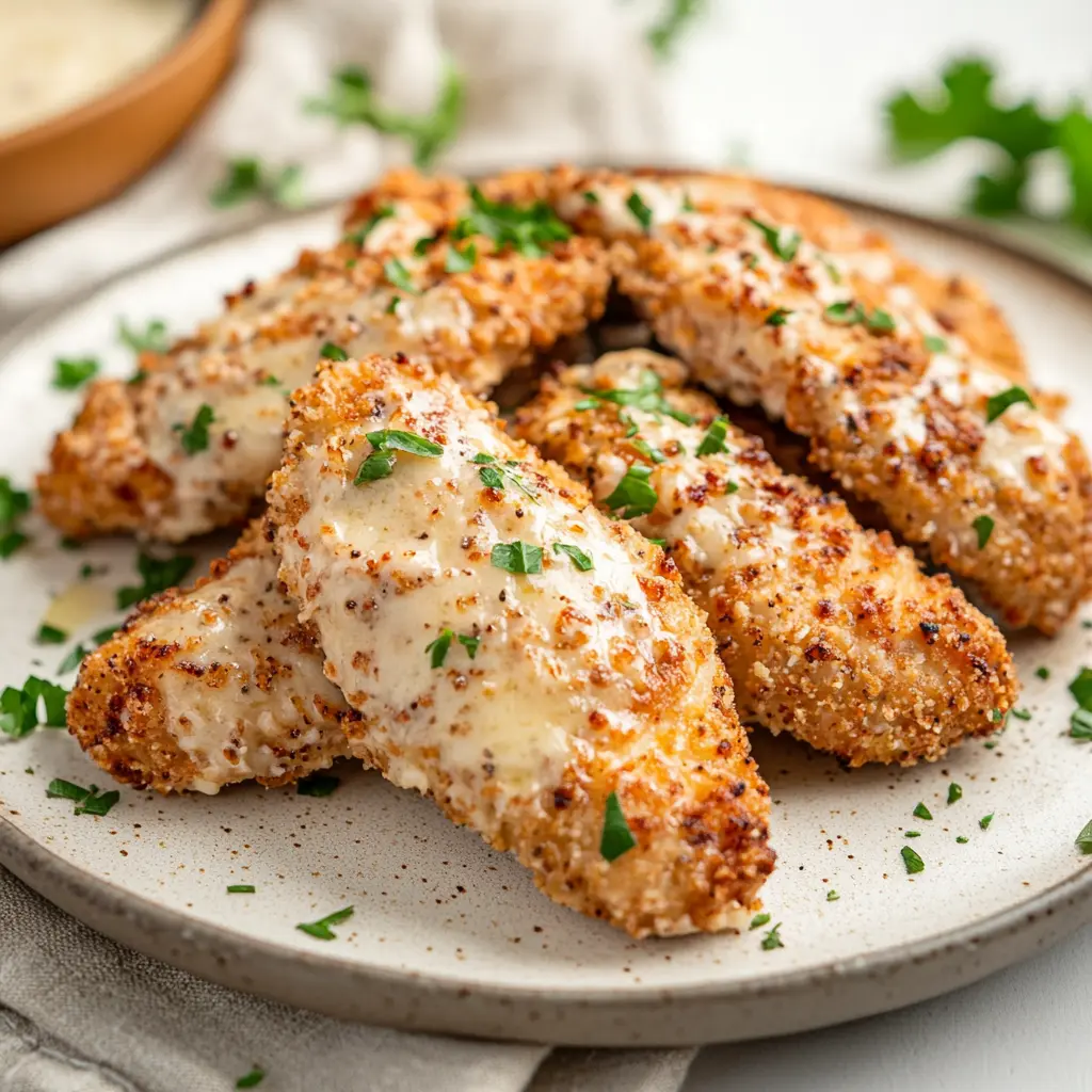 LOW CARB PARMESAN CHICKEN TENDERS AIR FRYER centered hero view, clean and uncluttered