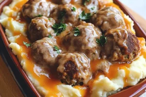 MEATBALL AND MASHED POTATO BAKE centered hero view, clean and uncluttered