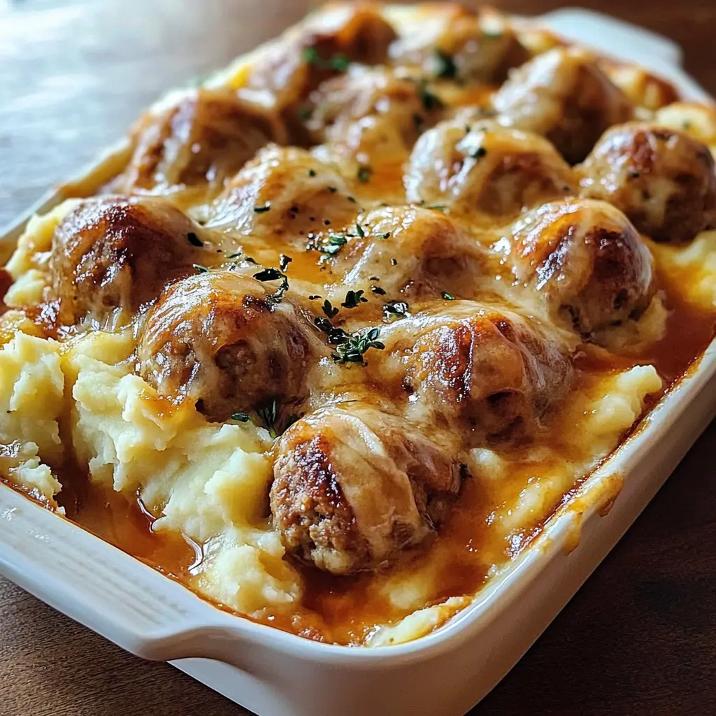 MEATBALL AND MASHED POTATO BAKE centered hero view, clean and uncluttered