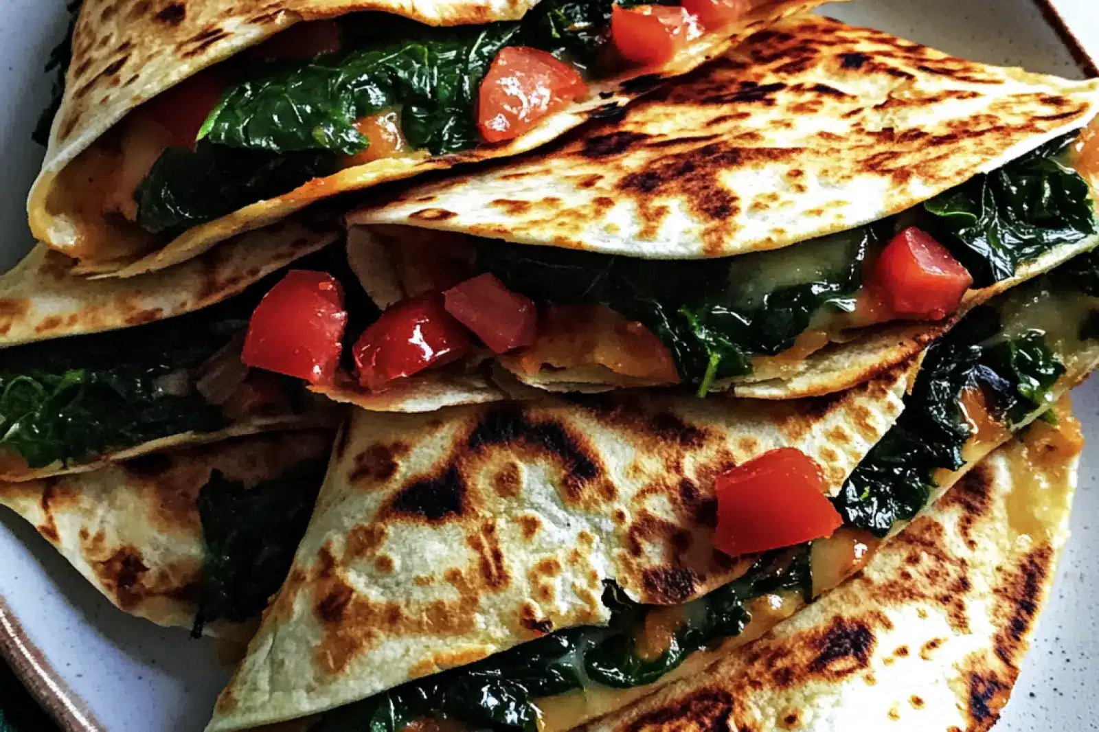 MEDITERRANEAN QUESADILLAS WITH SPINACH centered hero view, clean and uncluttered