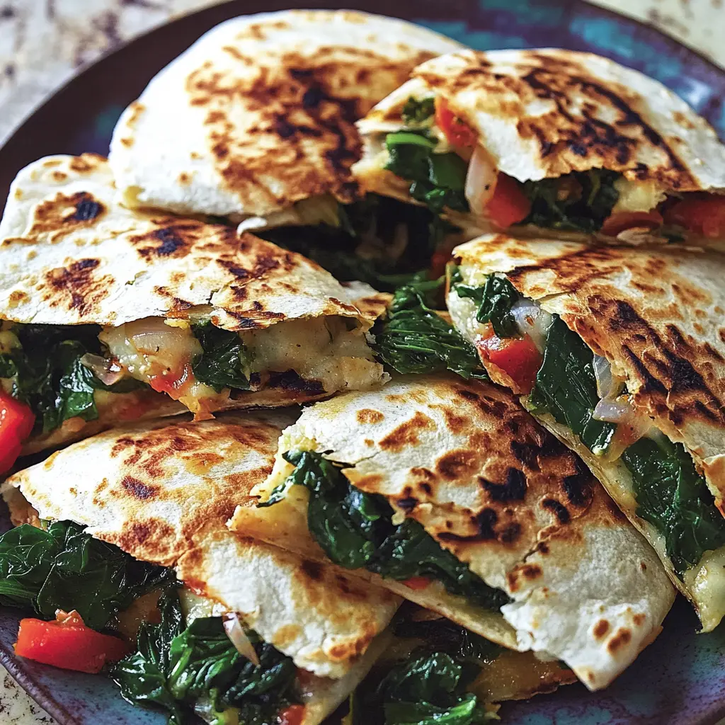 Mediterranean quesadillas with spinach centered hero view, clean and uncluttered