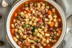 OLIVE GARDEN PASTA E FAGIOLI SOUP centered hero view, clean and uncluttered
