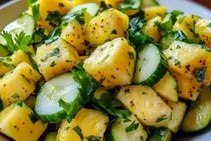 PINEAPPLE CUCUMBER SALAD centered hero view, clean and uncluttered