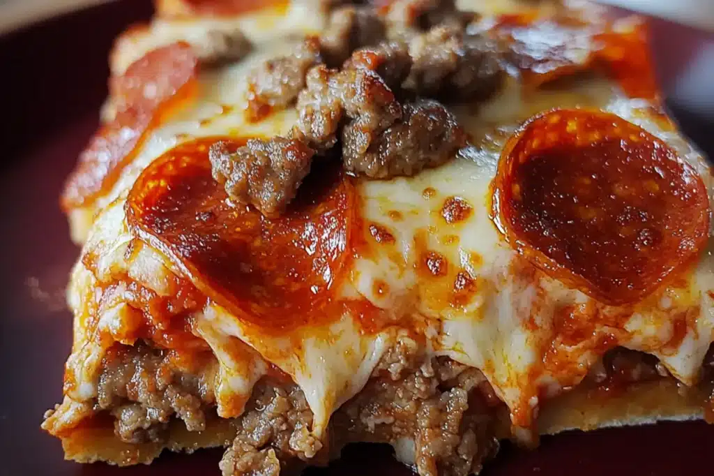 PIZZA CASSEROLE LOW CARB centered hero view, clean and uncluttered