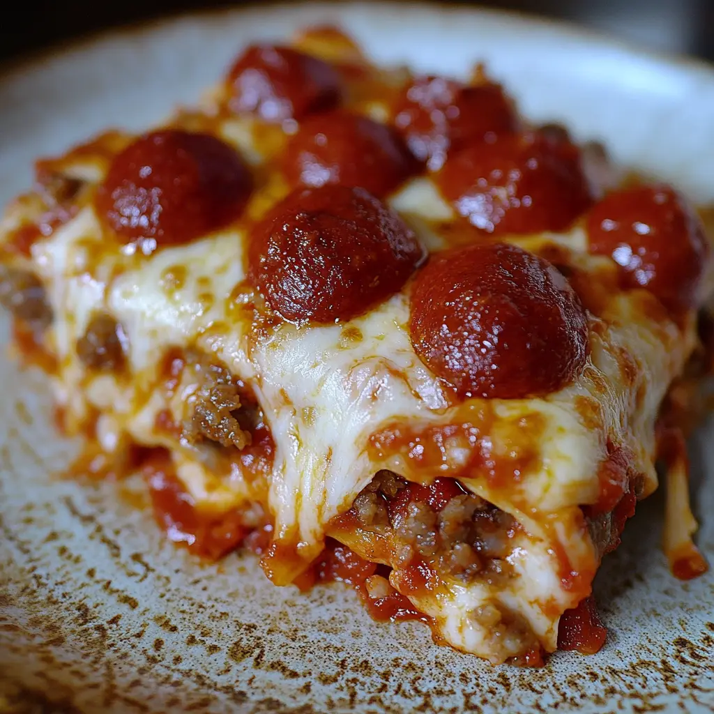 PIZZA CASSEROLE LOW CARB centered hero view, clean and uncluttered