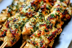RANCH GARLIC PARMESAN CHICKEN SKEWERS centered hero view, clean and uncluttered
