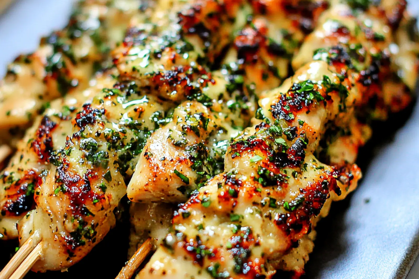 RANCH GARLIC PARMESAN CHICKEN SKEWERS centered hero view, clean and uncluttered