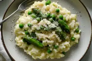 RISOTTO WITH ASPARAGUS AND PEAS centered hero view, clean and uncluttered