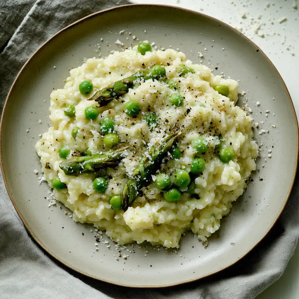 Risotto with Asparagus and Peas Easy Spring Dinner 6 Risotto with asparagus and peas centered hero view, clean and uncluttered
