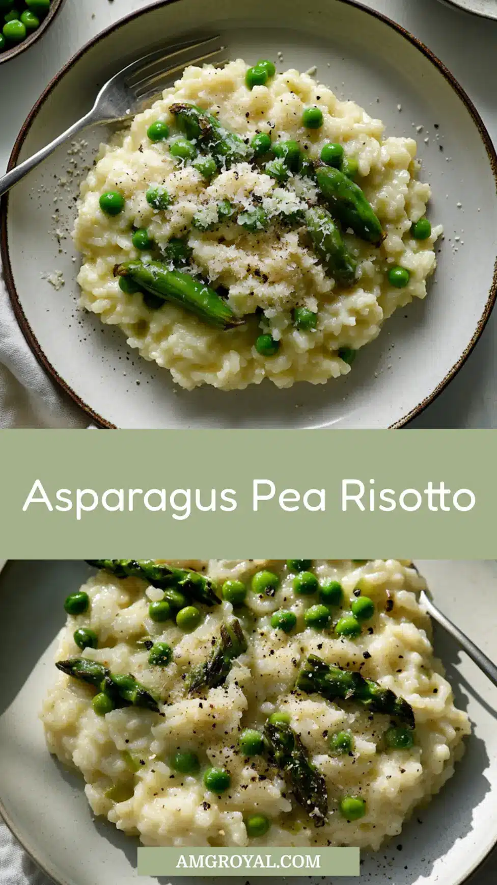 Risotto with Asparagus and Peas Easy Spring Dinner 7 Risotto with asparagus and peas centered hero view, clean and uncluttered pin