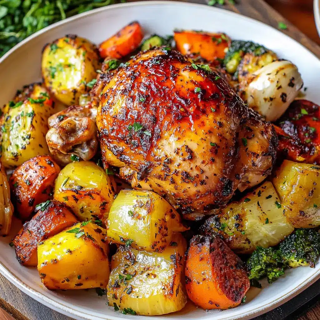 ROASTED GARLIC CHICKEN AND VEGETABLES centered hero view, clean and uncluttered