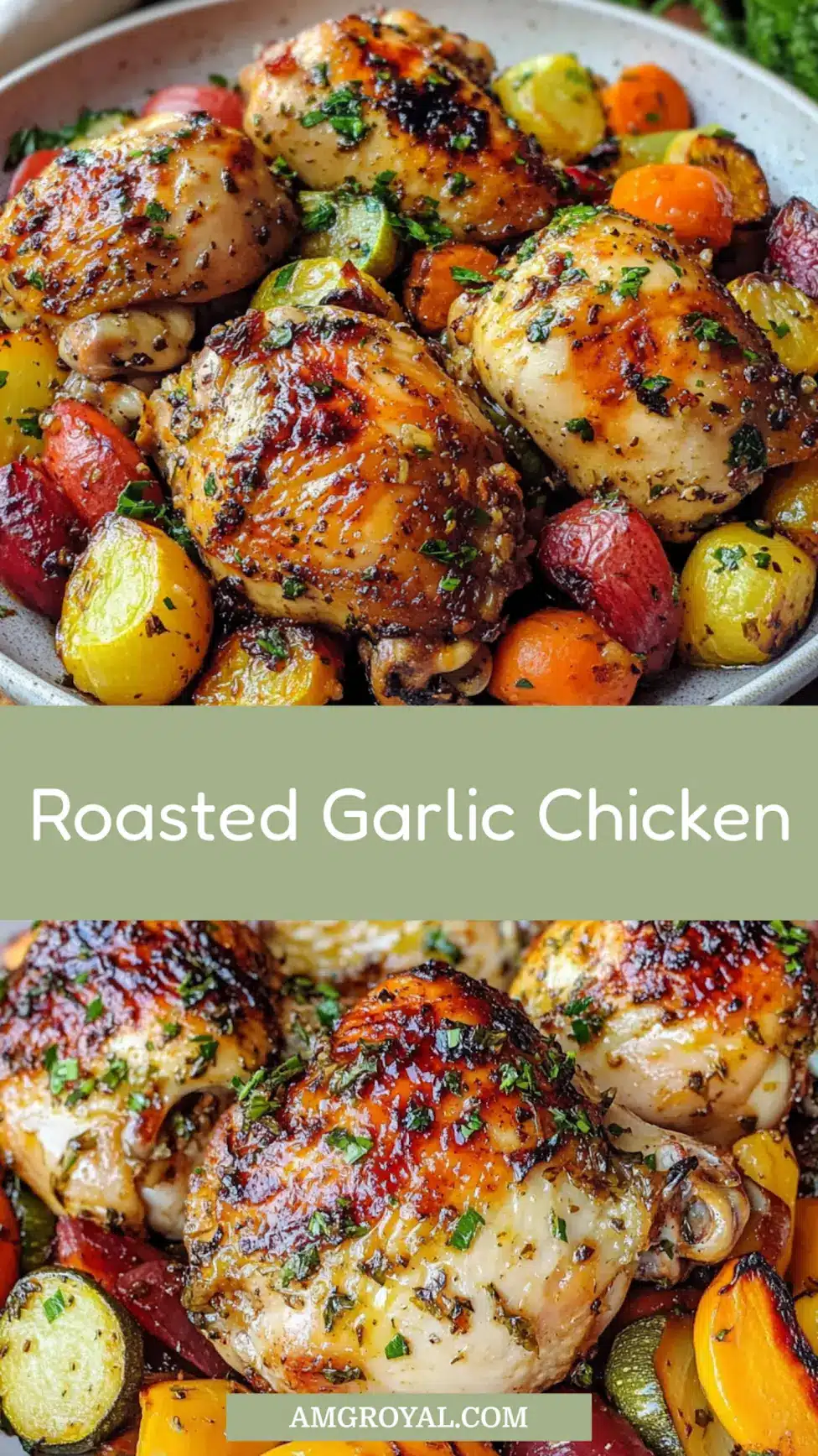 ROASTED GARLIC CHICKEN AND VEGETABLES centered hero view, clean and uncluttered