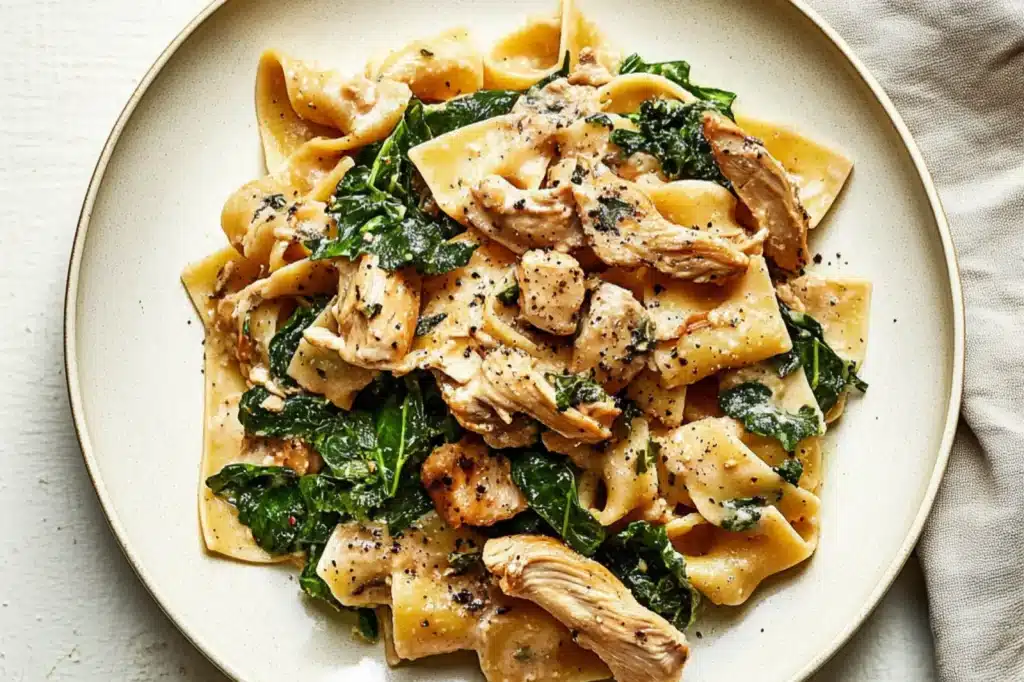 ROTISSERIE CHICKEN AND GREENS PASTA centered hero view, clean and uncluttered