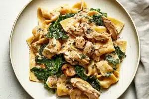 ROTISSERIE CHICKEN AND GREENS PASTA centered hero view, clean and uncluttered