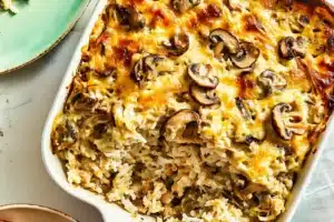 Rotisserie Chicken Mushroom and Rice Casserole Easy Weeknight Dinner ROTISSERIE CHICKEN MUSHROOM AND RICE CASSEROLE centered hero view, clean and uncluttered