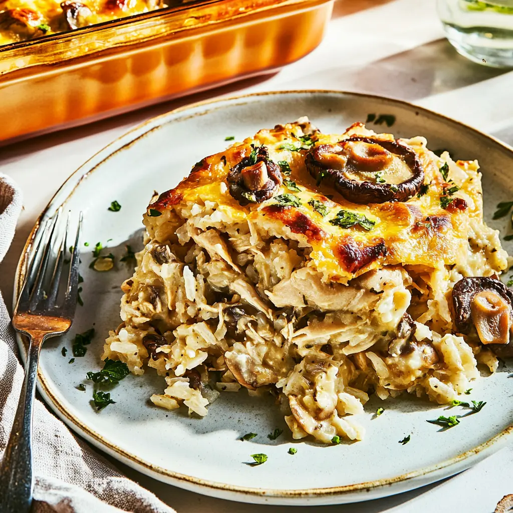 Rotisserie Chicken Mushroom and Rice Casserole Easy Weeknight Dinner 6 ROTISSERIE CHICKEN MUSHROOM AND RICE CASSEROLE centered hero view, clean and uncluttered