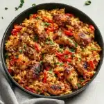 30 MINUTE ONE PAN CHICKEN AND RICE centered hero view, clean and uncluttered