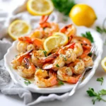 AIR FRYER GARLIC SHRIMP WITH LEMON centered hero view, clean and uncluttered
