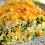 CHEESY CHICKEN BROCCOLI AND RICE CASSEROLE centered hero view, clean and uncluttered