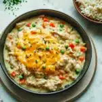 CHEESY INSTANT POT CHICKEN AND RICE centered hero view, clean and uncluttered