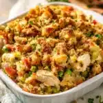 CHICKEN AND STUFFING CASSEROLE centered hero view, clean and uncluttered