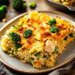 CHICKEN BROCCOLI RICE CASSEROLE centered hero view, clean and uncluttered