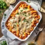CHICKEN PARMESAN CASSEROLE recipe, served and ready to eat, easy homemade dinner