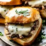 CRAFTING CROCKPOT FRENCH DIP SANDWICHES centered hero view, clean and uncluttered