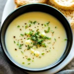 CREAMY LEEK AND POTATO SOUP centered hero view, clean and uncluttered