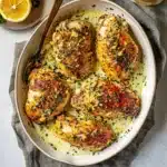 CREAMY LEMON GARLIC CHICKEN THIGHS centered hero view, clean and uncluttered