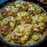 CREAMY PEPPERONCINI CHICKEN SKILLET centered hero view, clean and uncluttered