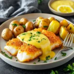 CRISPY BATTERED COD WITH LEMON BUTTER SAUCE AND ROASTED POTATOES centered hero view, clean and uncluttered