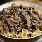 CROCK POT BEEF AND NOODLES centered hero view, clean and uncluttered