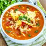 CROCK POT CHICKEN TORTILLA SOUP centered hero view, clean and uncluttered