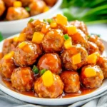 CROCK POT SWEET AND SOUR MEATBALLS centered hero view, clean and uncluttered