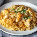 FRENCH ONION CHICKEN ORZO CASSEROLE centered hero view, clean and uncluttered