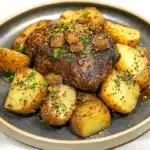 GARLIC BUTTER STEAK AND POTATOES centered hero view, clean and uncluttered